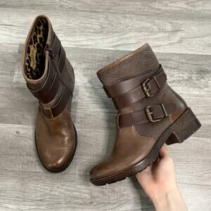 Sofft Aldina Brown Leather Buckle Ankle Moto Boots Low Heel Boho Size 6 1/2